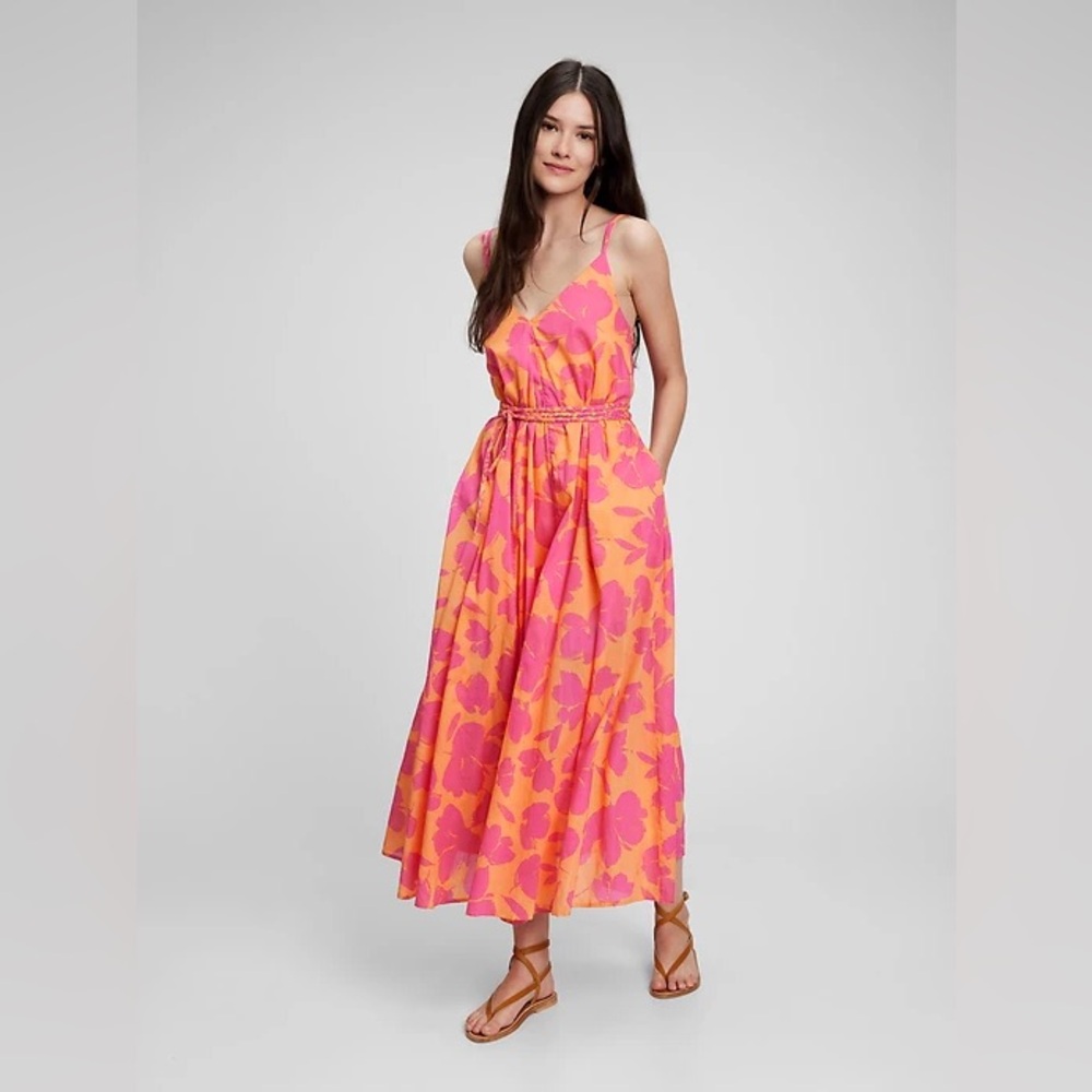 GAP Tie-Waist Cami Maxi Dress Pink Floral Print Size Small